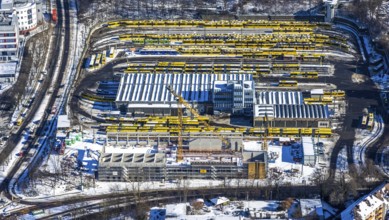 Aerial view, construction site, new hall construction Ruhrbahn depot, city centre, Essen, Ruhr