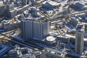 Aerial view, innogy high-rise building, construction site demolition RWE Haus, Westviertel, Essen,