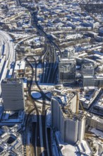Aerial view, innogy high-rise building, construction site demolition RWE Haus, Südviertel, Essen,