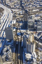 Aerial view, innogy high-rise building, construction site demolition RWE Haus, Südviertel, Essen,
