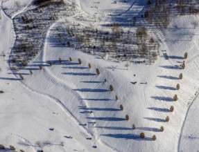 Aerial view, shadow play in snow-covered Krupp Park, Westviertel, Essen, Ruhr area, North