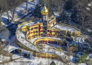 Aerial view, Ronald McDonald House, Hundertwasser House, Margarethenhöhe, Essen, Ruhr area, North