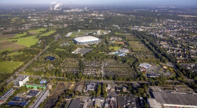 Aerial view, VELTINS-Arena Bundesliga stadium of FC Schalke 04 and Gigantmarkt Gelsenkirchen flea