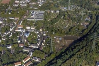 Aerial view, construction site canal works at Hüller Bach Preußenstraße in the district