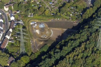 Aerial view, construction site canal works at Hüller Bach Preußenstraße in the district