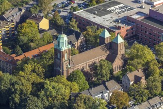 Aerial view, catholic church St. Mariä Himmelfahrt in the district Rotthausen in Gelsenkirchen,
