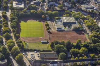 Aerial view, sports centre Schürenkamp with sports field in the district Schalke in Gelsenkirchen,