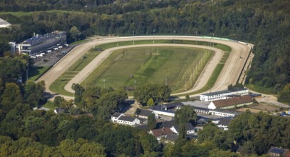 Aerial view, GelsenTrabPark trotting track in the Feldmark district of Gelsenkirchen, Ruhr area,
