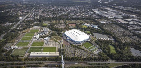 Aerial view, VELTINS-Arena Bundesliga stadium of FC Schalke 04 with training grounds in the