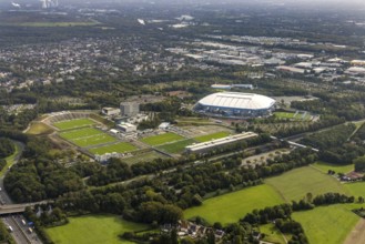 Aerial view, VELTINS-Arena Bundesliga stadium of FC Schalke 04 with training grounds in the