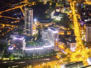 Aerial view, Westenergie tower at the main station, Essen-Holsterhausen, Essen, Ruhr area, North