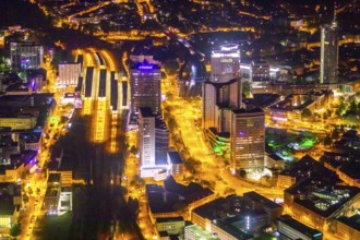 Aerial view, Essen central station, business district, Westenergie tower, demolition Ypsilon-Haus,