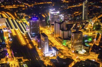 Aerial view, Essen central station, business district, Westenergie tower, demolition Ypsilon-Haus,