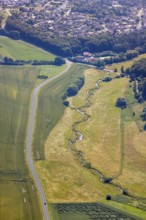 Aerial view, Bremer Bachaue, Bremer Bach Mäander, Bremen, Ense, Sauerland, North Rhine-Westphalia,