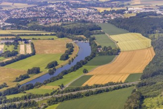 Aerial view, river Ruhr with hydropower plant Echthausen and meadows and fields in Waltringen,