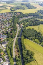 Aerial view, Möhne road with fences, river Möhne, Niederense, Ense, Sauerland, North
