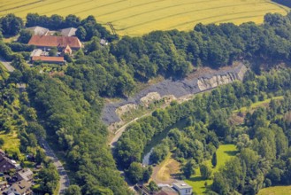 Aerial photograph, rockfall protection fences on the Möhne road, river Möhne, Niederense, Ense,