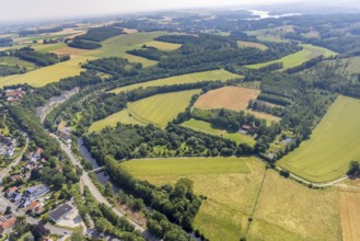 Aerial view, landscape conservation area Möhne valley, meadows and fields at the river Möhne,