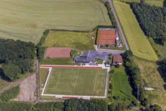 Aerial view, sports field Höingen, Ense, Sauerland, North Rhine-Westphalia, Germany, DE, Europe,
