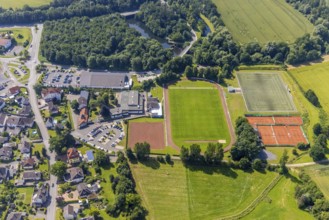 Aerial view, Edeka supermarket local supply centre, sports field Niederense, Hubertushalle