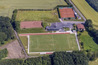 Aerial view, sports field Höingen, Ense, Sauerland, North Rhine-Westphalia, Germany, DE, Europe,