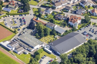 Aerial view, Hubertushalle Schützenverein, garden with beer tables and flags, Niederense, Ense,