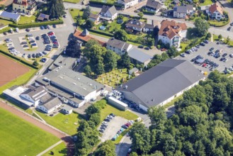 Aerial view, Hubertushalle Schützenverein, garden with beer tables and flags, Niederense, Ense,