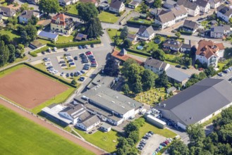 Aerial view, Hubertushalle Schützenverein, garden with beer tables and flags, Niederense, Ense,