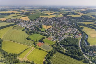 Aerial view, local view, Edeka supermarket local supply centre, sports field Niederense,