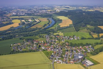 Aerial view, river Ruhr and town view Waltringen, Ense, Sauerland, North Rhine-Westphalia, Germany,