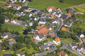 Aerial view, town view and centre of Hünningen, Ense, Sauerland, North Rhine-Westphalia, Germany,