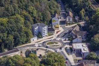 Aerial view, redesigned roundabout Kölner Straße and Hembecker Talstraße in the district Büttenberg