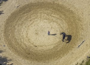 Aerial view, horse training at the Wolfshövel riding centre in the Königsfeld district of