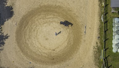 Aerial view, horse training at the Wolfshövel riding centre in the Königsfeld district of