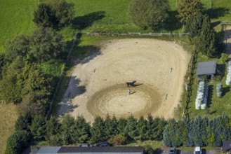 Aerial view, horse training at the Wolfshövel riding centre in the Königsfeld district of