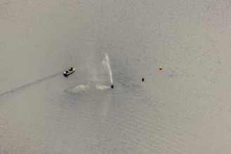 Aerial view, Ennepetalsperre and boat with water fountain in the district Altenbreckerfeld in