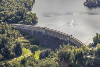 Aerial view, Ennepetalsperre with dam wall and boat with water fountain in the district
