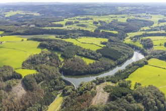 Aerial view, Heilenbecker Talsperre in the district Rüggeberg in Ennepetal, Ruhr area, North