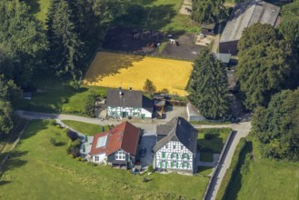 Aerial view, Restaurant Hülsenbecke half-timbered house with green shutters at the game reserve and