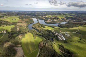 Aerial view, forest damage at the Ennepetalsperre dam with dam wall in the Altenbreckerfeld