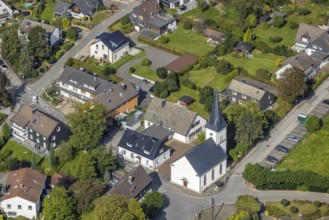 Aerial view, protestant church in the district of Rüggeberg in Ennepetal, Ruhr area, North