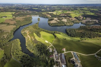 Aerial view, forest damage at the Ennepetalsperre dam with dam wall in the Altenbreckerfeld