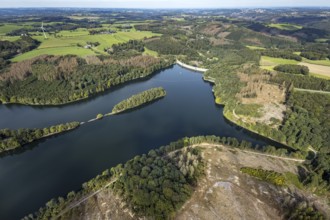 Aerial view, forest damage at the Ennepetalsperre dam with dam wall in the Altenbreckerfeld