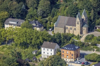 Aerial view, catholic church St. Johann Baptist in the district Voerde in Ennepetal, Ruhr area,