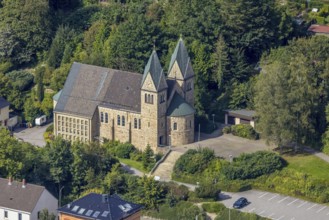Aerial view, catholic church St. Johann Baptist in the district Voerde in Ennepetal, Ruhr area,