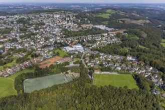 Aerial view, sports field FC Blau-Weiß Voerde and tennis courts TC Grün-Weiß Ennepetal in the