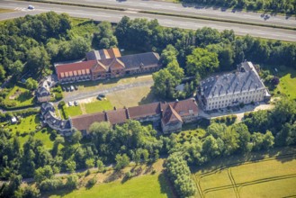 Aerial view, Haus Füchten, Hünningen, Ense, Sauerland, North Rhine-Westphalia, Germany, motorway