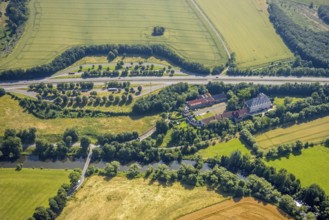 Aerial view, Haus Füchten, motorway A445 with parking Haus Füchten and parking Ruhr Valley,
