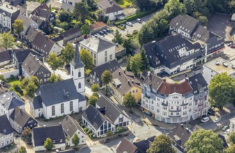 Aerial view, town centre with the protestant Johanneskirche in the district Voerde in Ennepetal,
