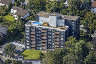 Aerial view, high-rise building with pool on the roof at Sonnenweg in the district Voerde in